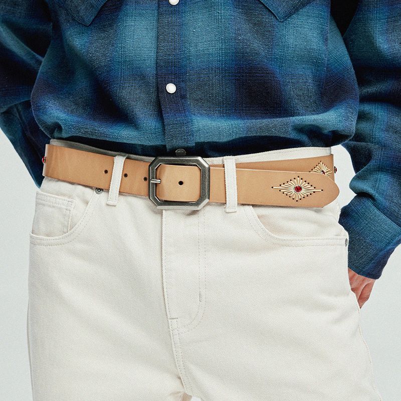 crystal stud & wax thread leather belt beige