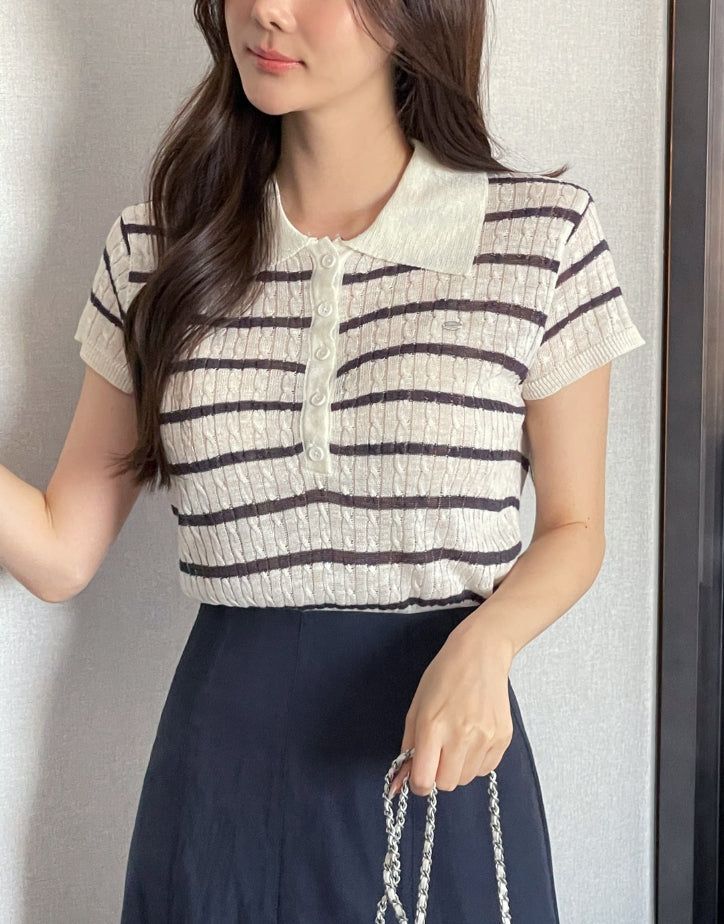 Seden Stripe Half-Button Collar Cool Knit