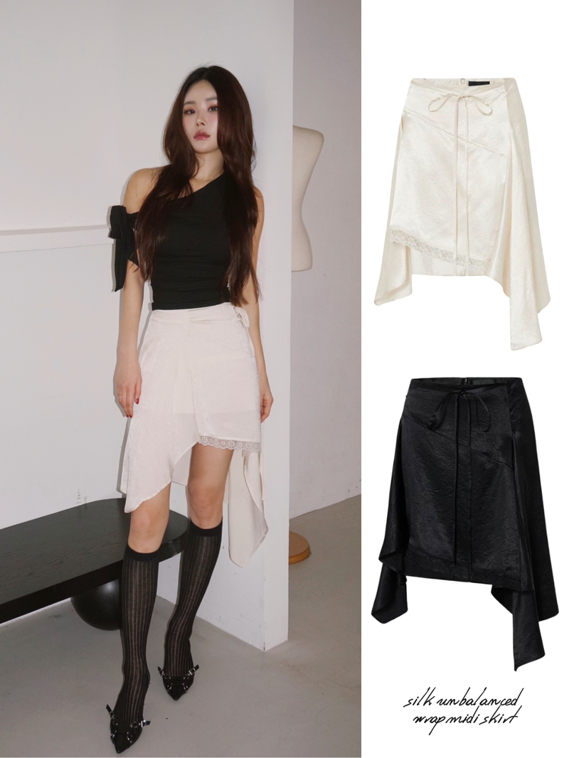 silk unbalanced wrap midi skirt