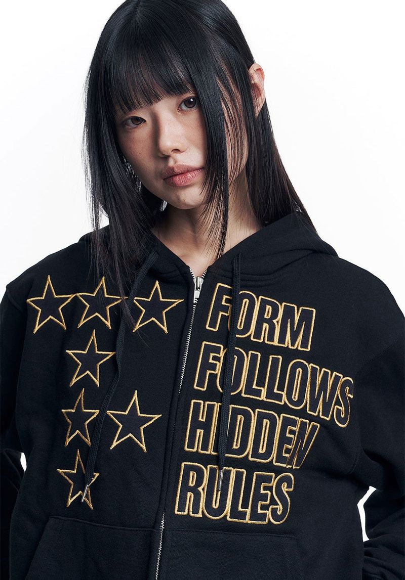 Star Lettering Patch Hoodie Zip-Up - Black