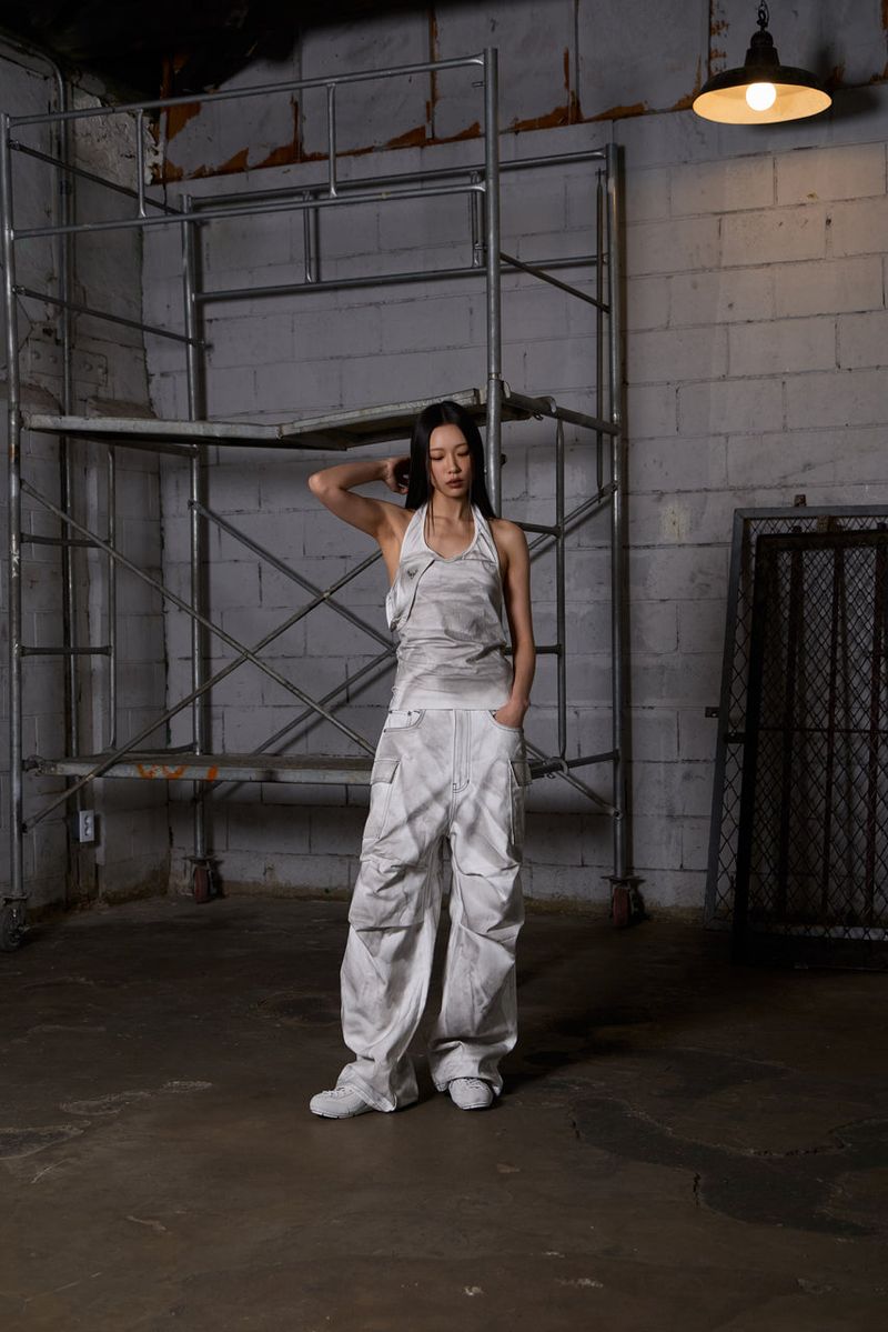 Dirty Washed Wide Cargo Denim Pants - White