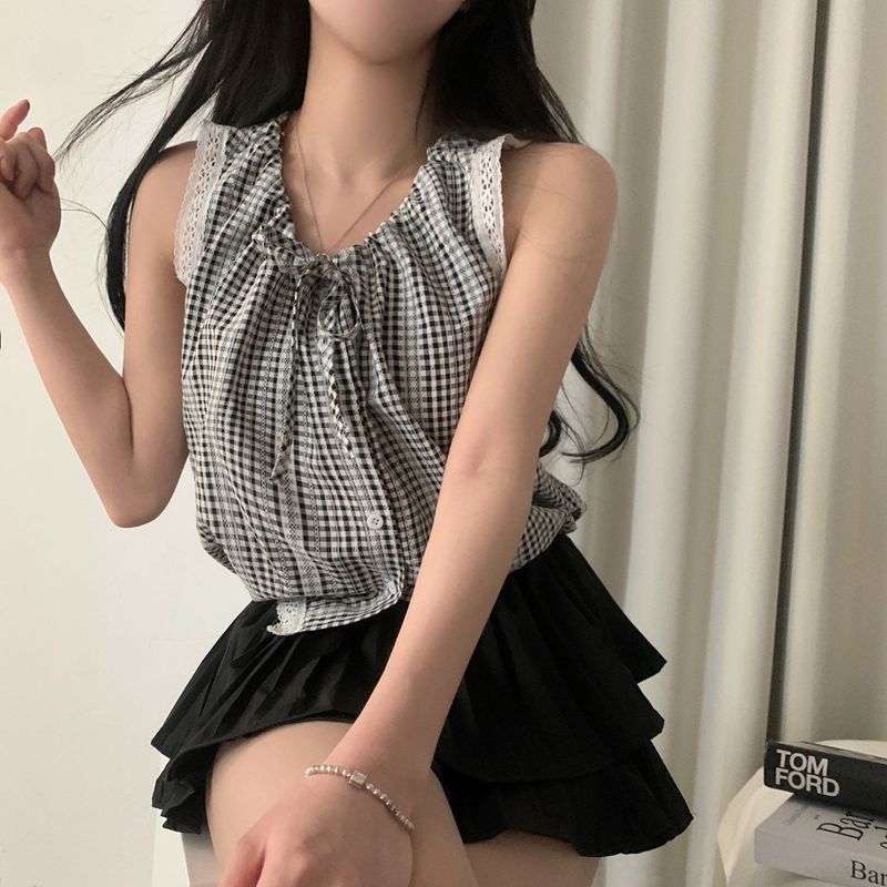 [Lowest price 🕊/Pure Mood] チェリパンチングレースストリングスリーブレスブラウス - 2 colors