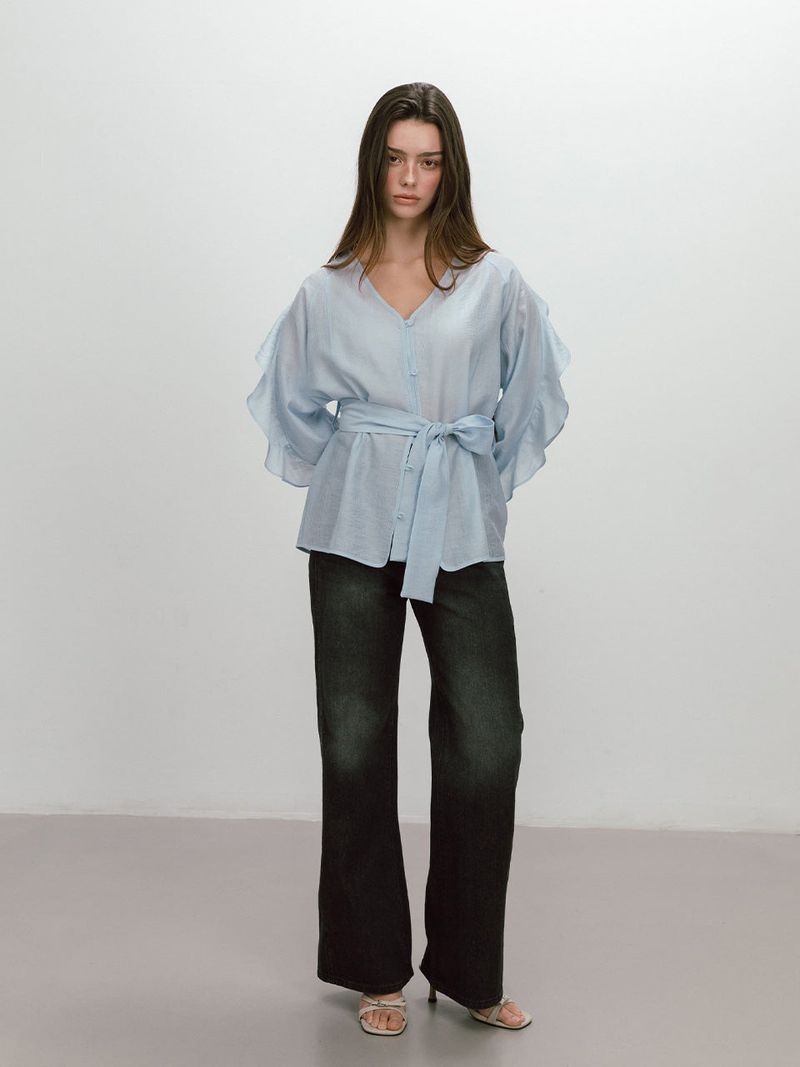 FRILL BELTED BLOUSE / SKYBLUE