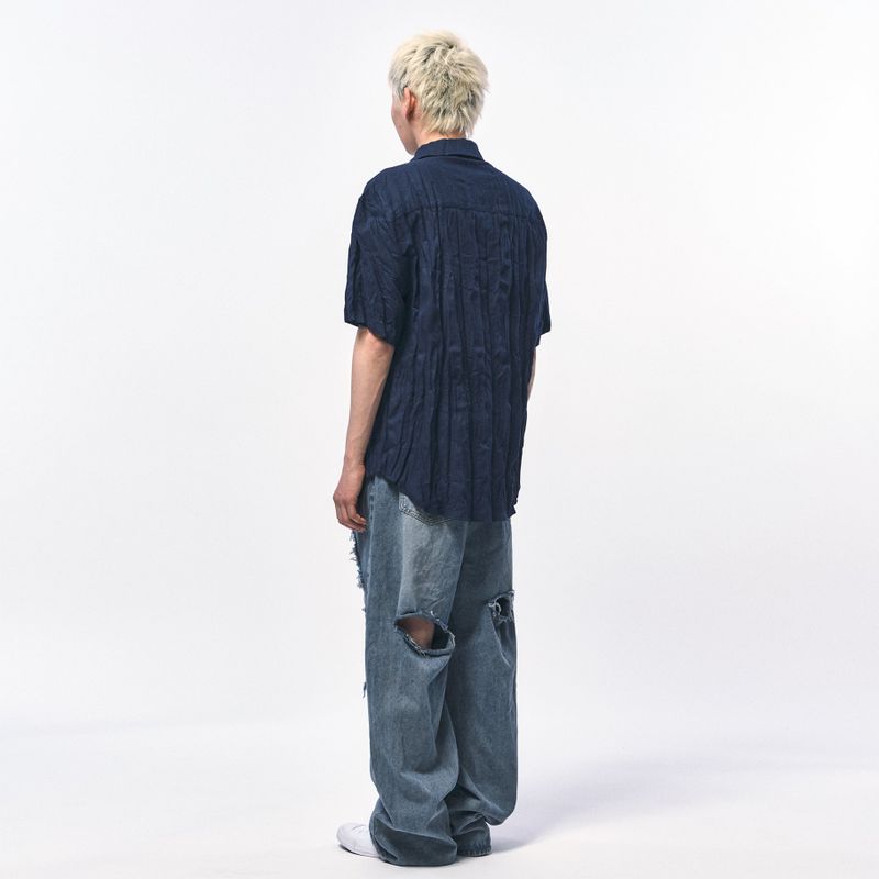 CRINKLE LINEN HALF SHIRTS NAVY