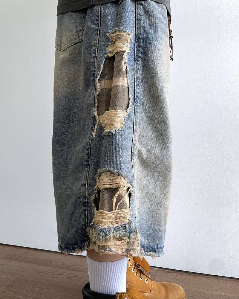 Destroyed Camouflage Denim Half Pants