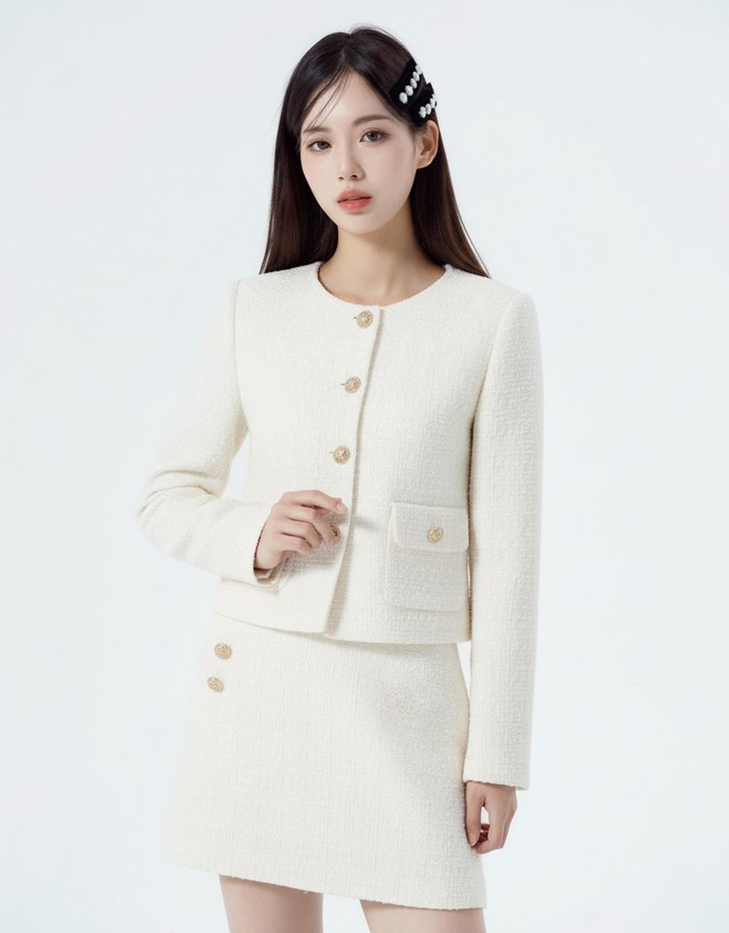 Basic Round neck Tweed Setup Ivory