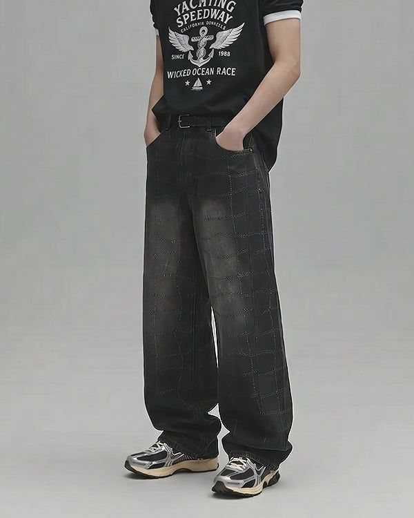(UNISEX) Net Check Wide Denim 26SS-008