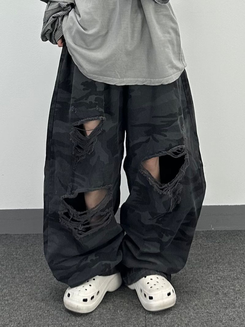 camo bio washed distressed pants