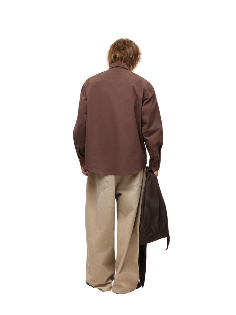 6CRAYON Patchwork Basic Brown Cotton Poplin Embroidered Shirt