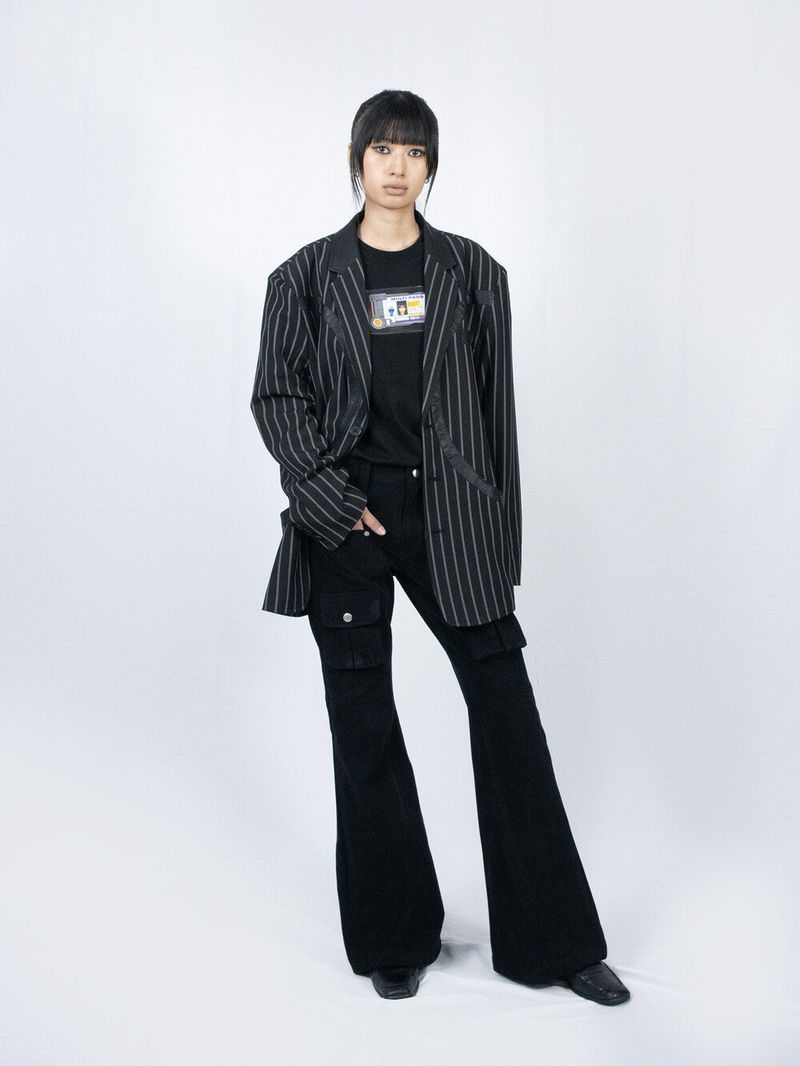 Circle Leather Patch Blazer (Black Stripe)