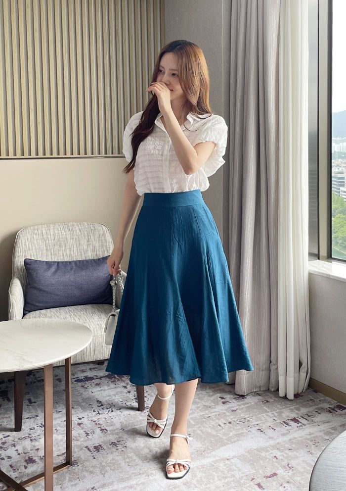 Kusha Collar Balloon Sleeves Seersucker Blouse