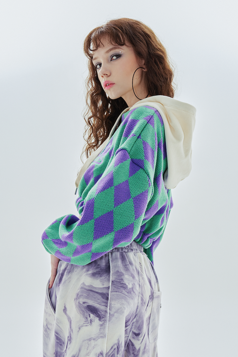 big logo argyle crop hood_purple&green