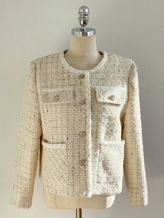 Lock color matching round pearl tweed jacket