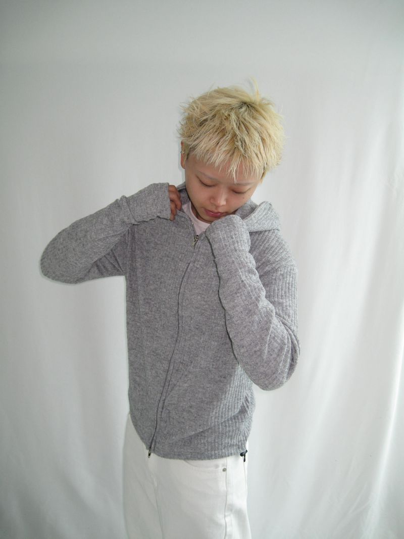 Slim Fit Finger Hole Ribbed Cropped Hood Zip-Up (2c)