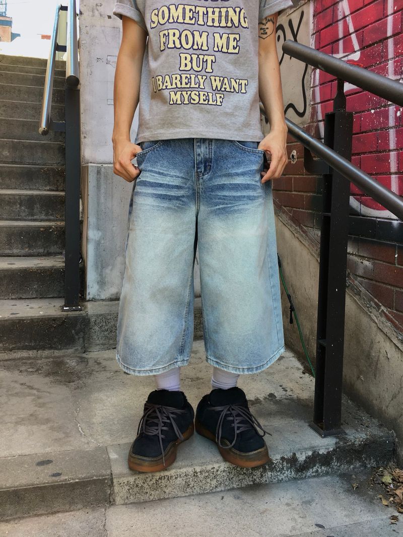 Rope Light Washing Bermuda Denim Pants