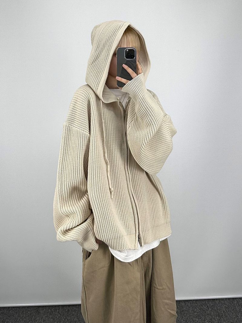 Warm hooded knit zip-up