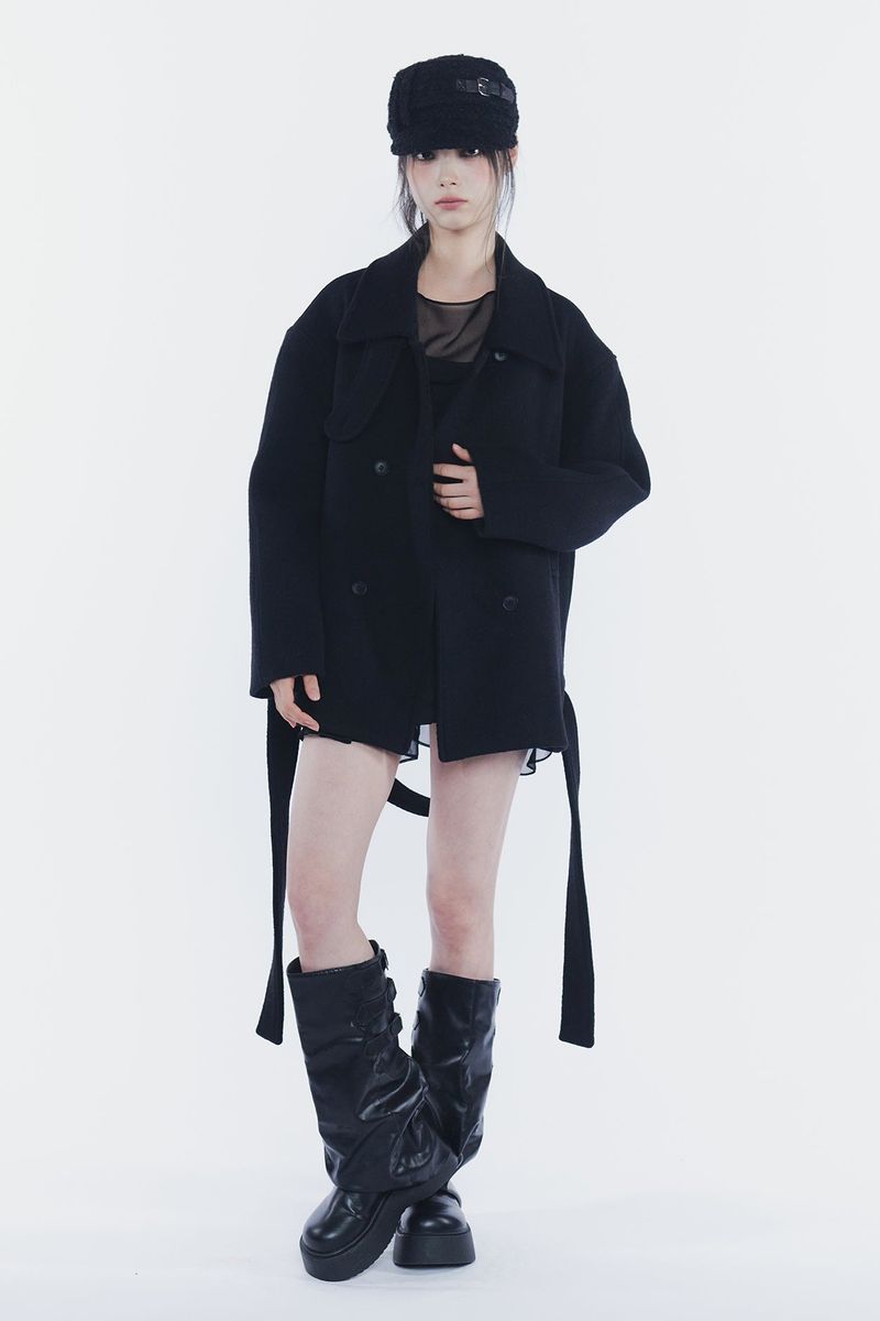 AMBER BELTED DOUBLE COAT black