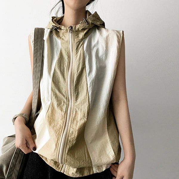 I-Nylon Coloring Hooded Vest Zip-Up
