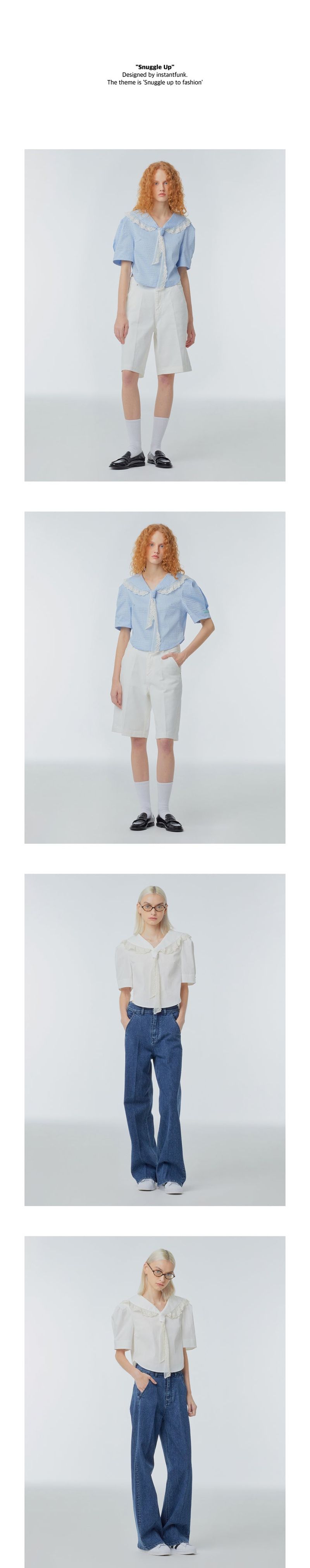 Sailor-collar puff-sleeve blouse