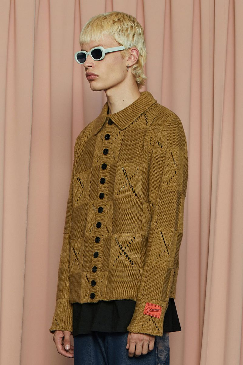 BUTTON ARGYLE KNIT JACKET / OLIVE