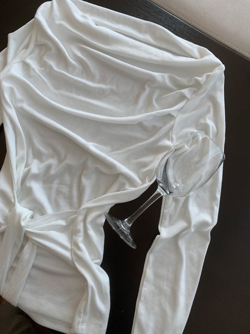 Loving Front Wrap Tie Boat Neck Long Sleeve Tee 
