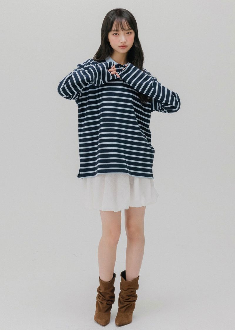 SOFT COLLAR STRIPE T-SHIRT (LIGHT GRAY)