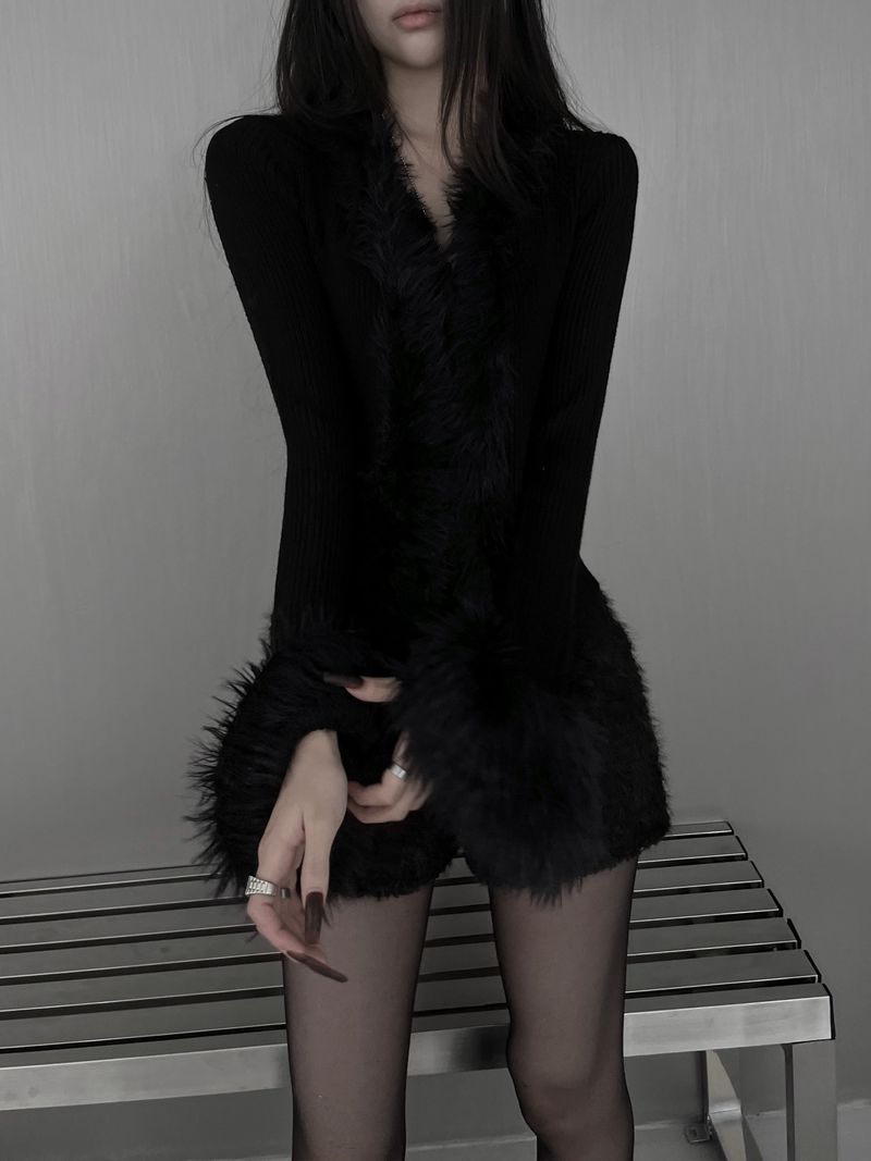 silm ribbed fur strap cardigan (2color)