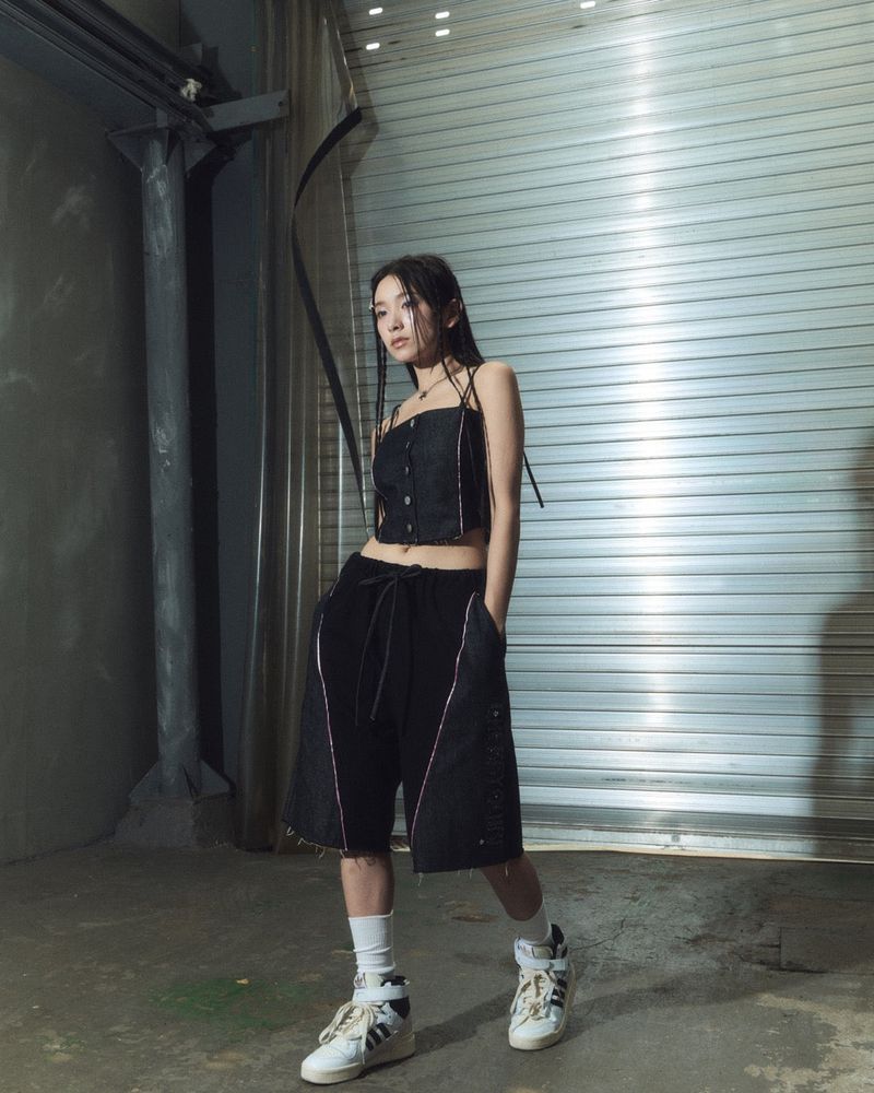 denim combi top - black