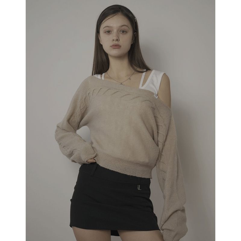 CABLE BOAT NECK KNIT-BEIGE