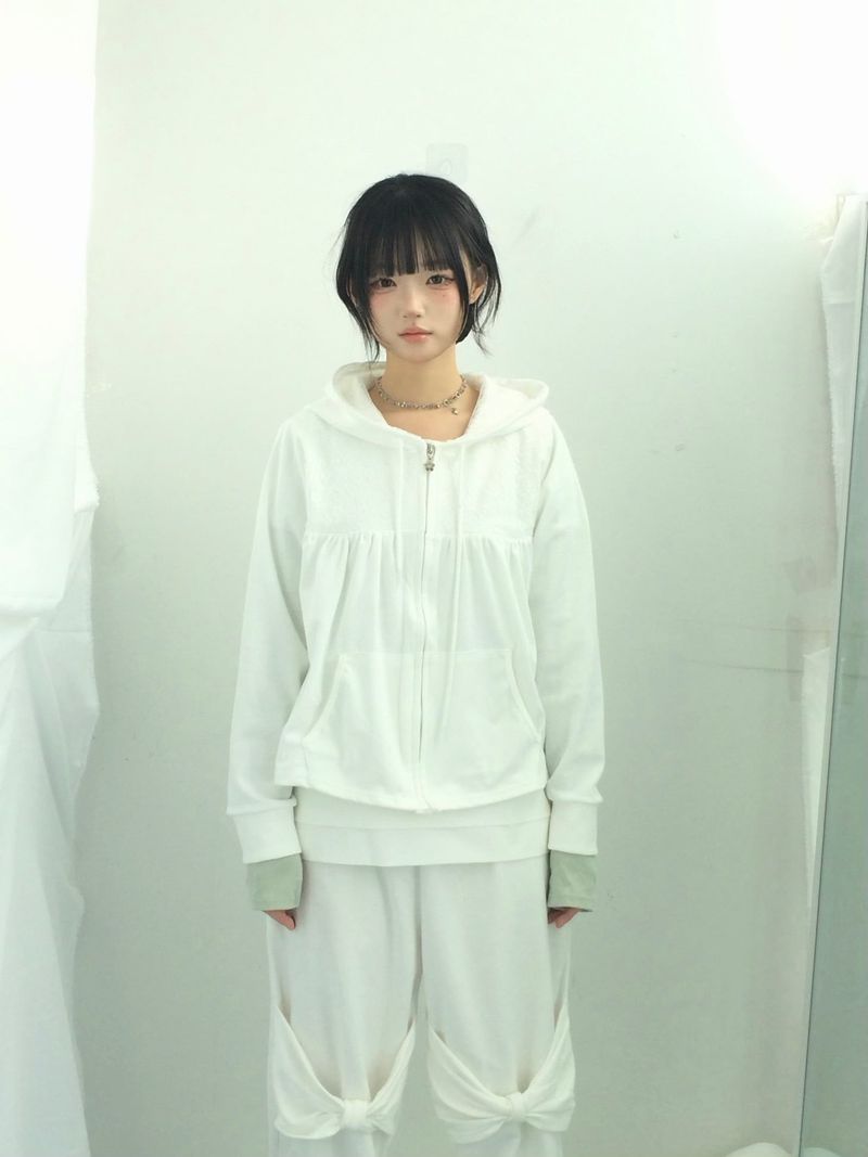 Flower Lace Half-Shirring Hooded Zip-Up