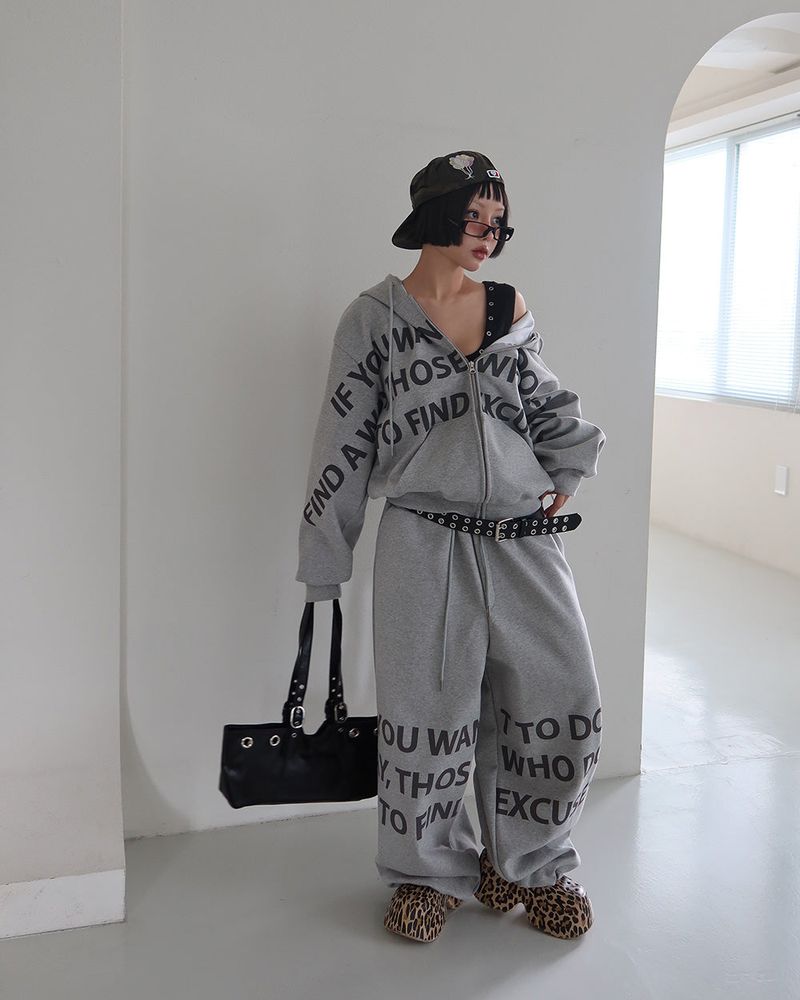 [UNISEX] One-two lettering oversized-fit hooded zip-up jacket