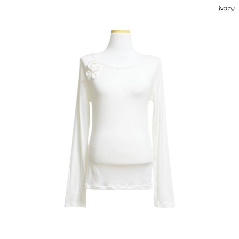 (3color) Rose Appliqué Wool Long Sleeve Tee