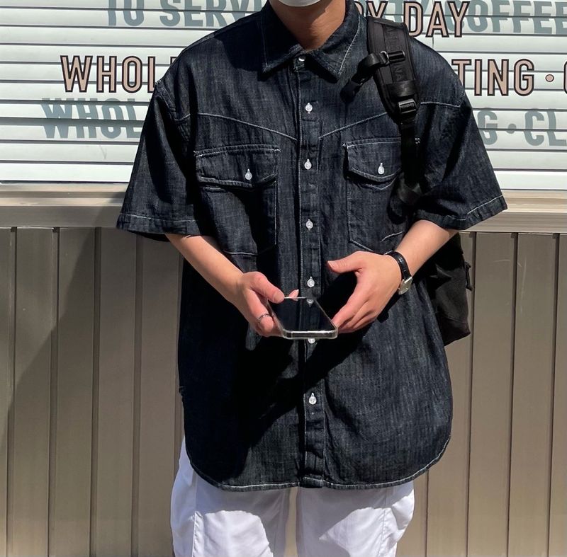 LINEN WESTERN DENIM HALF SHITRS(2COLOR)