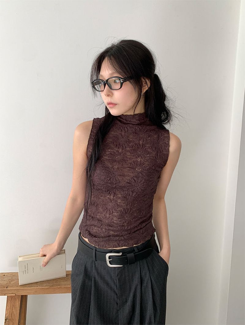 FLOWER LACE HALF-NECK SLEEVELESS (3C)