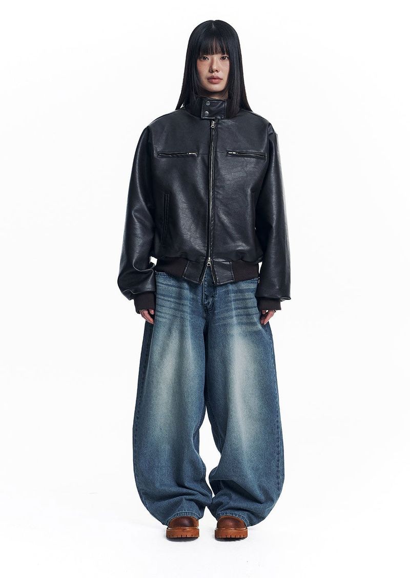 High Neck Leather Crop Jacket - Brown