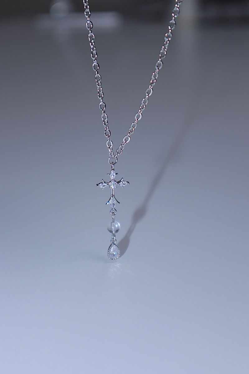 cross water drop transparent gemstone necklace