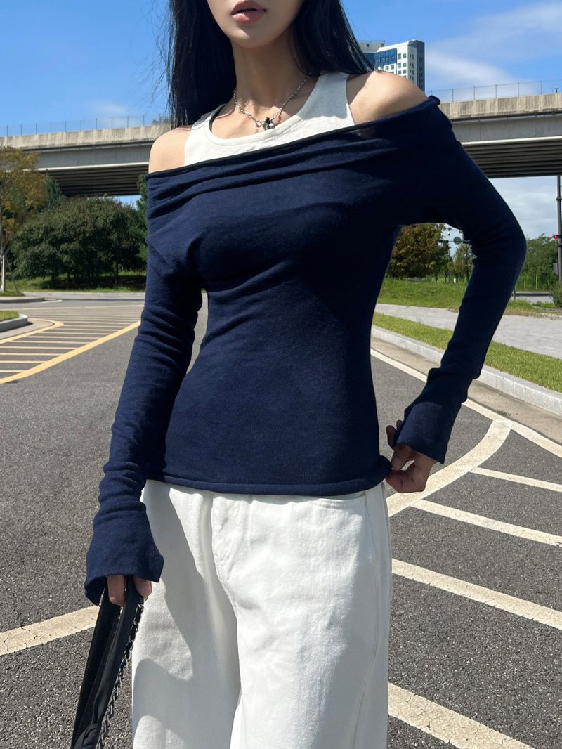 Layered shirring off-shoulder solid long sleeve knit top (3 colors)