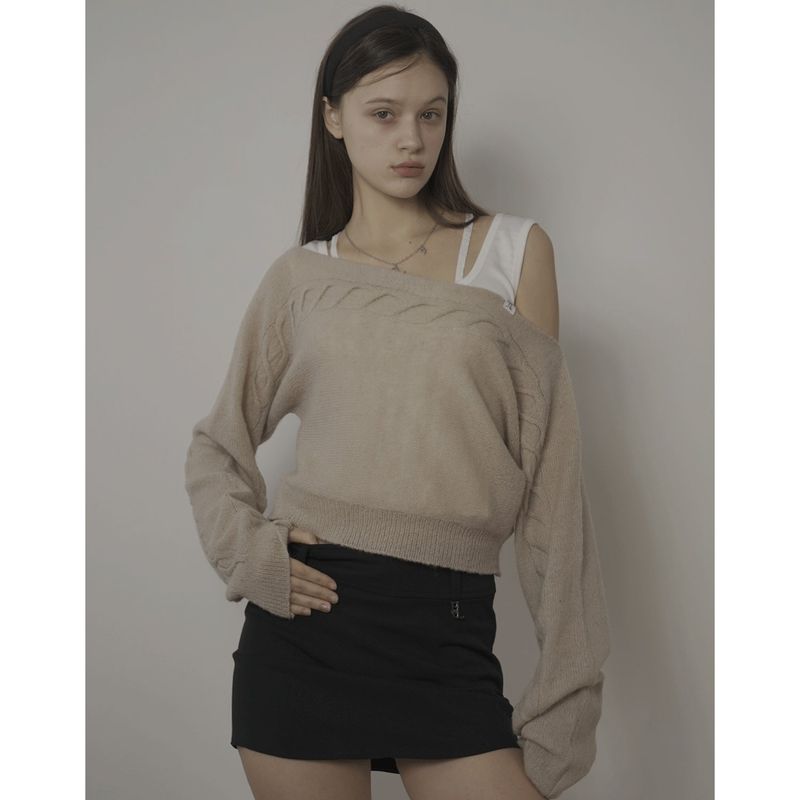 CABLE BOAT NECK KNIT-BEIGE