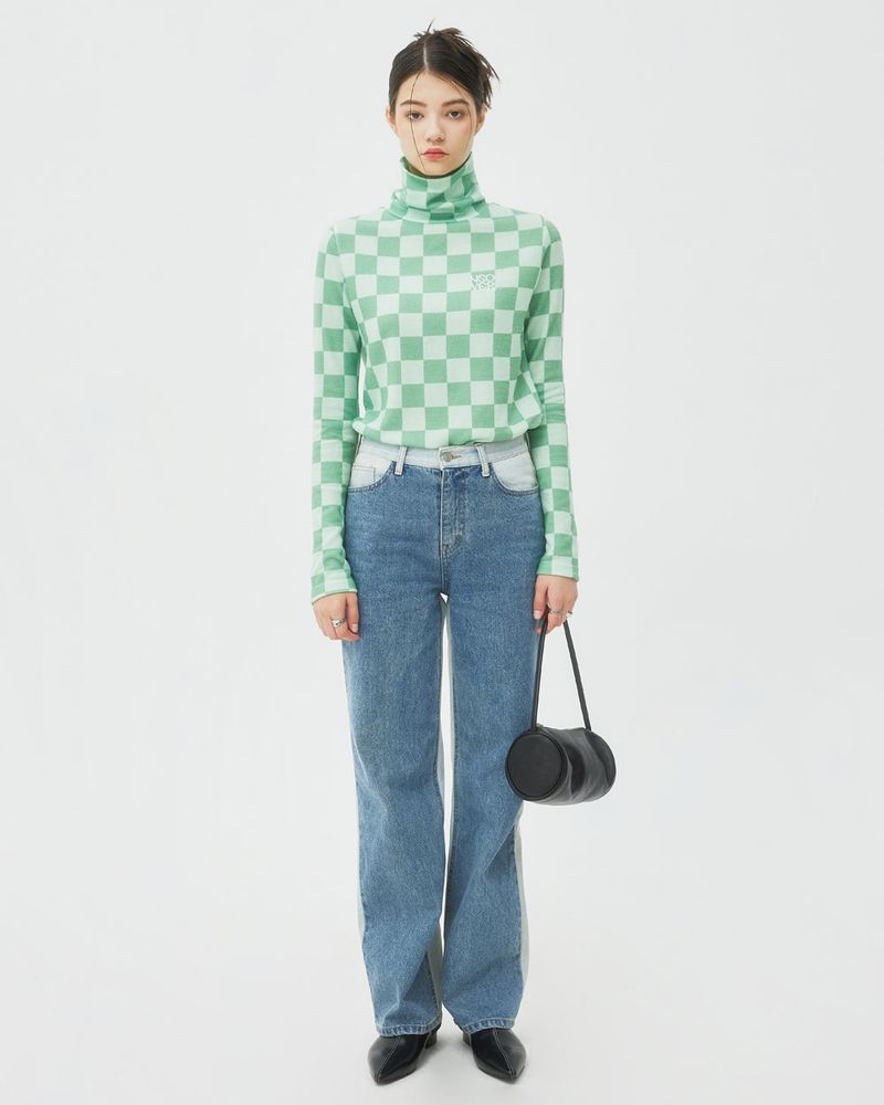 CHECKER BOARD TURTLENECK KNIT-GREEN