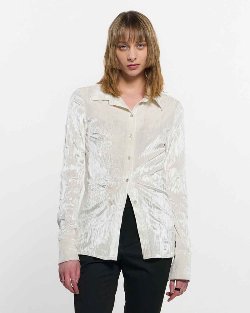 Embroidered Velvet Slim Shirt _ IVORY