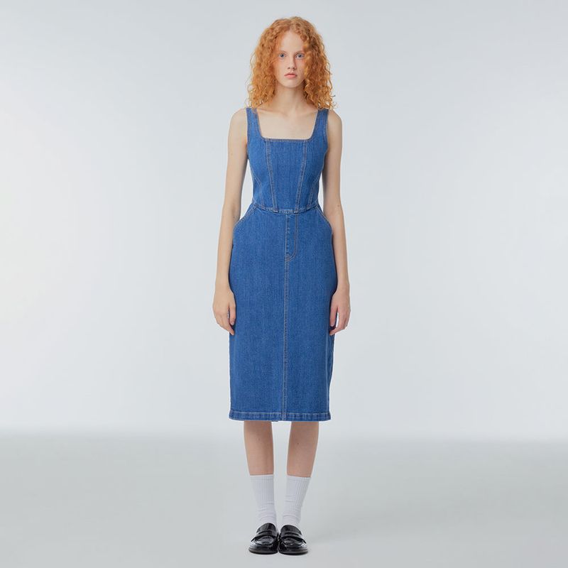 Square-neck denim corset dress