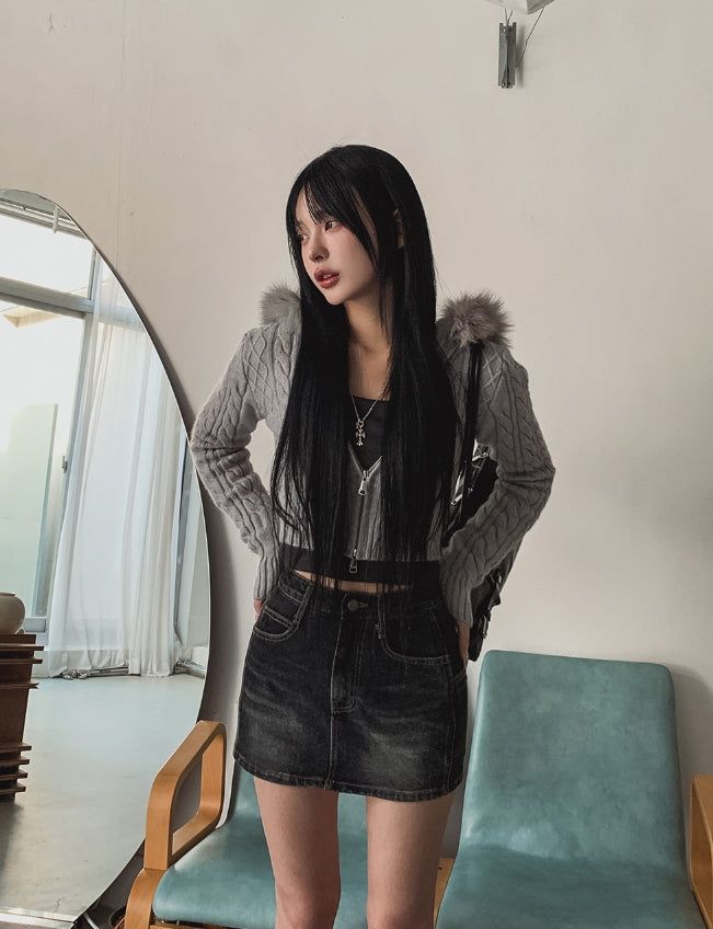 Rinco Cable Knit Fur Hood Zip-Up