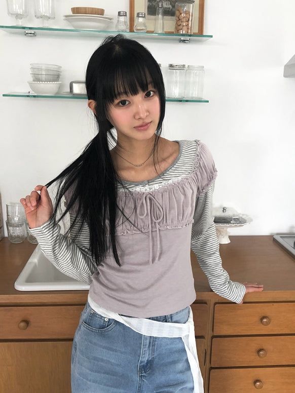 デトシャーリングハートネックレースリボン半袖Tシャツ