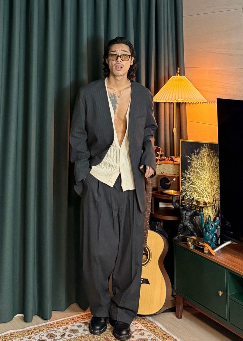 No-Collar Striped V-Zip Slacks 2COLOR