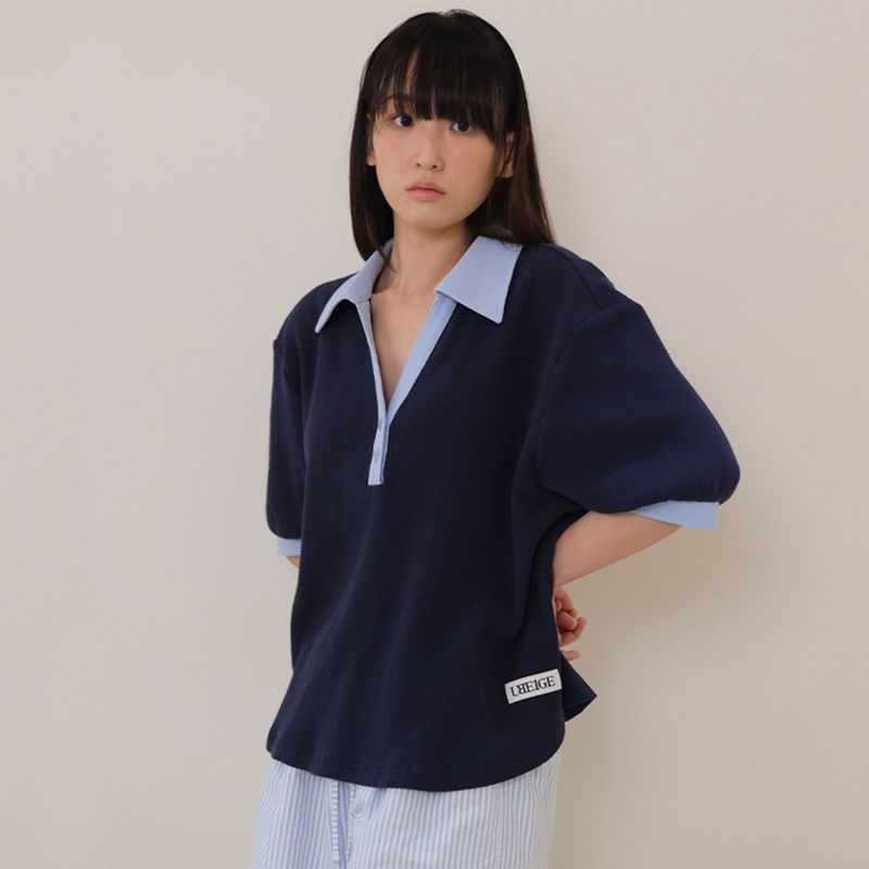 Navy Half Open Collar Tee