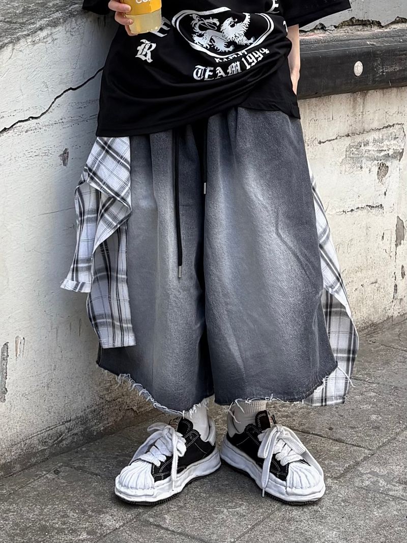 wrap check denim bermuda