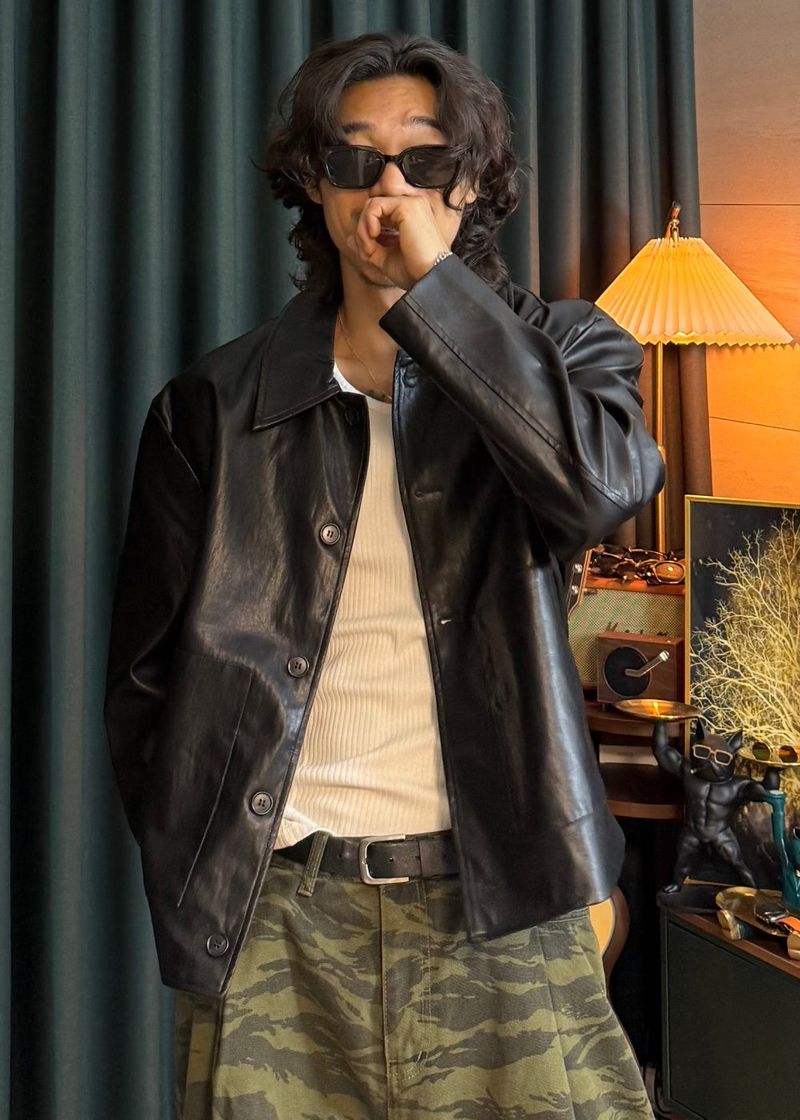 Leather Collar Button Jacket 3COLOR