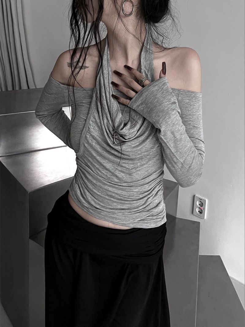 drape off-shoulder halter T (2color)