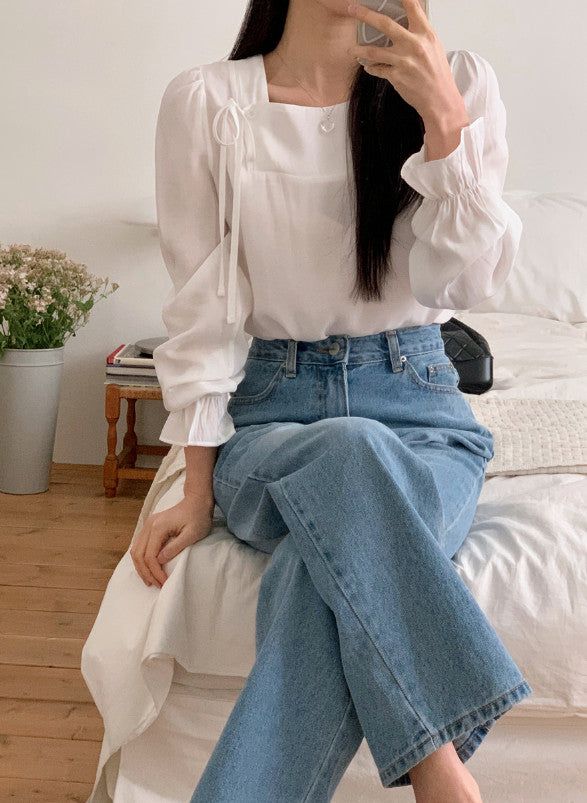 Silky Square Ribbon Frill Blouse (3color)