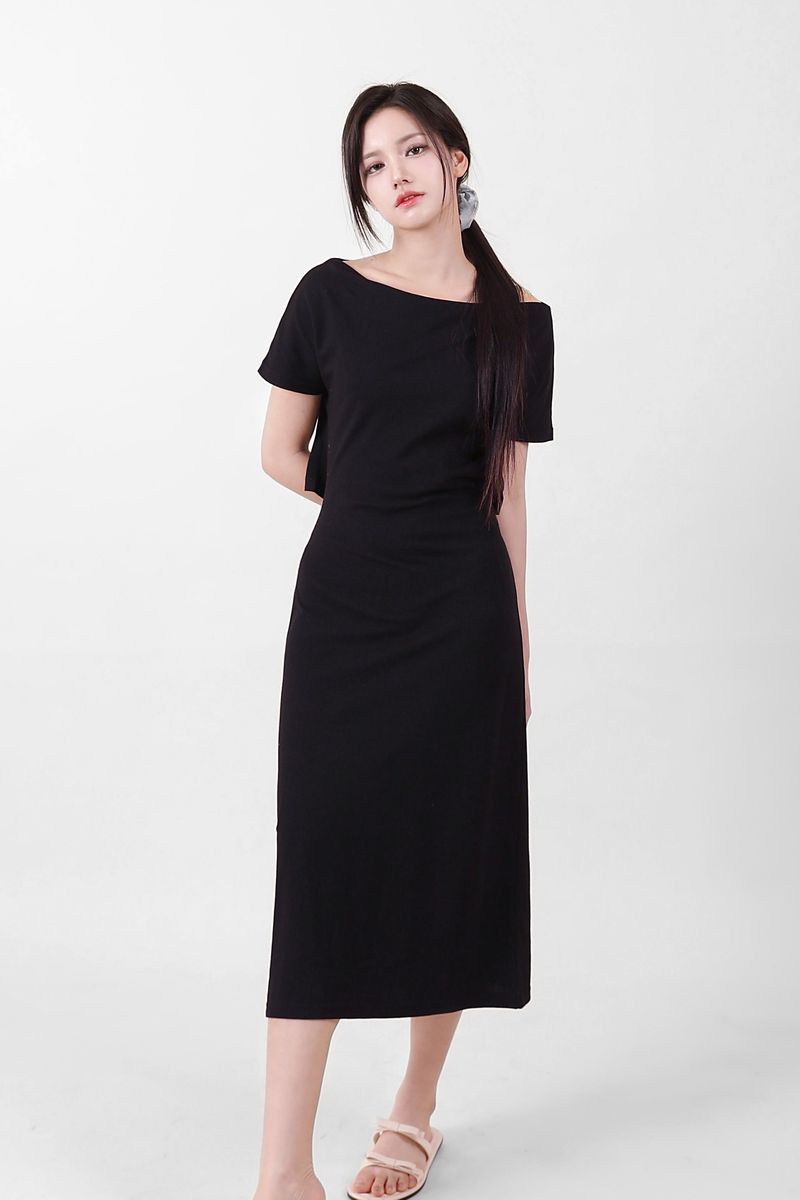 Off-Shoulder Slit Long Onepiece Black